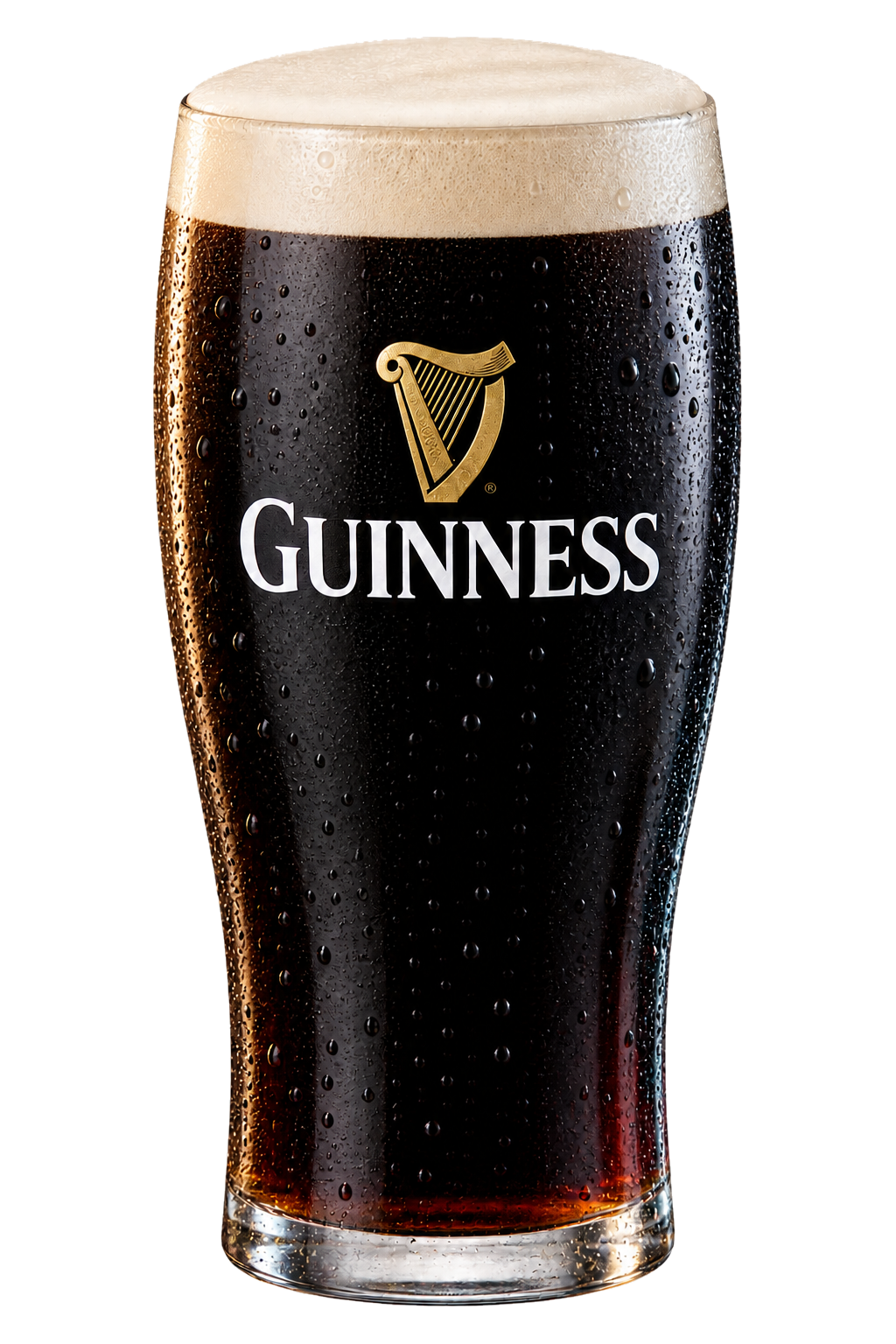 Frisch gezapftes Guinness mit cremiger Schaumkrone und Kondenswassertropfen